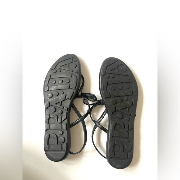 Prada Black Patent leather bow tie logo embellished T strap flat sandals EU 39.5 - Picture 12 of 13